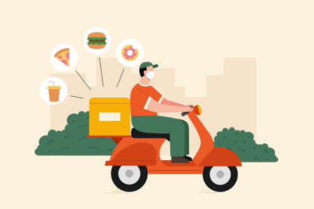 Express food delivery through bike, flat illustration. Courier with face mask riding a scooter with thermal box.のイラスト素材