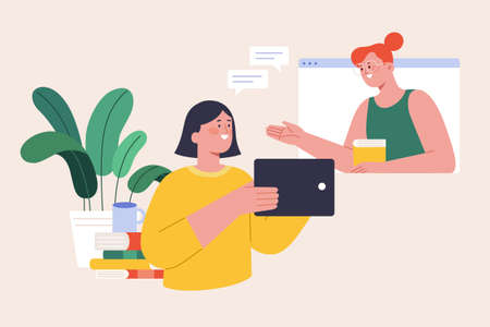 Flat illustration of student having an online class on her digital tablet. E-learning or adult advance studying concept.のイラスト素材