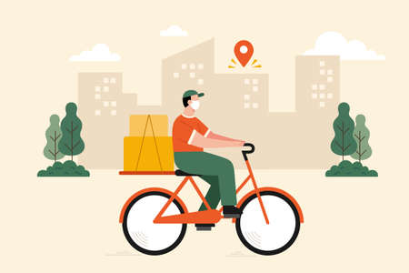 Flat illustration of courier with face mask riding bicycle to deliver package boxes. Concept of eco friendly delivery.のイラスト素材