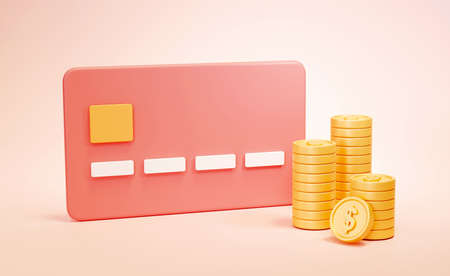 3d render of a credit or debit card and golden coins on pink background. Concept of fast payment, credit card cashback and reward point.の写真素材
