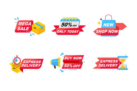Set of stickers and icons for mega sale promotion and express delivery. Colorful e-commerce symbol on white background.のイラスト素材