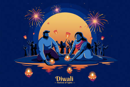 Diwali celebration greeting card. Silhouette of Indian couple launching diya lamp onto water and people releasing sky lanterns into the night sky.のイラスト素材