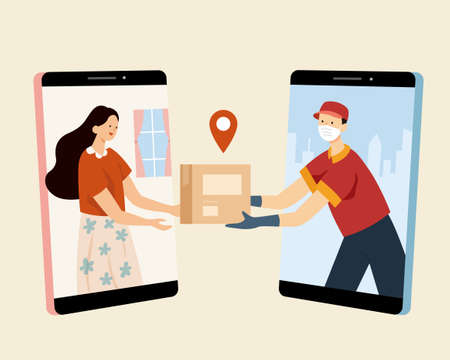 Flat style illustration of courier wearing face mask and handing package box to customer. Both showing up from smart phone device. Concept of delivery service for online shopping order.のイラスト素材