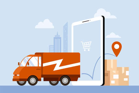 Flat illustration of delivery truck carrying parcel boxes from online store. Concept of online package tracking app or shipping process of online shopping.のイラスト素材