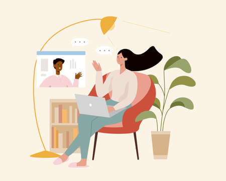 Woman using laptop at home and making video call with another person. Flat illustration, concept of work from home, freelancing or online tutor class.のイラスト素材