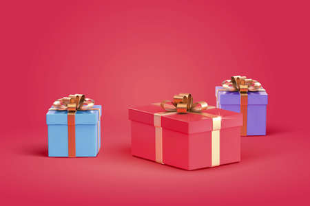 3d gift boxes wrapped with gold ribbon bow on red background. Suitable for holiday celebrationのイラスト素材