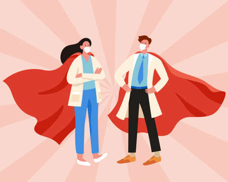 Doctor and nurse wearing face mask and superhero cape, flat illustration.のイラスト素材