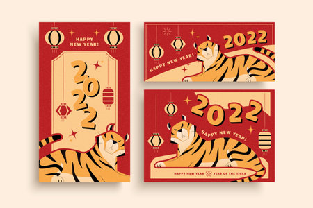 Chinese new year templates with cute and bold tiger illustration. Concept of 2022 Chinese zodiac sign. For print and web useのイラスト素材
