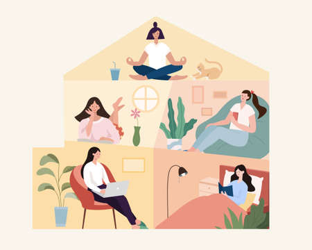 Stay home activity concept. Women enjoying different activities at home, including workout, reading, and using phone or laptop. Flat illustration.のイラスト素材