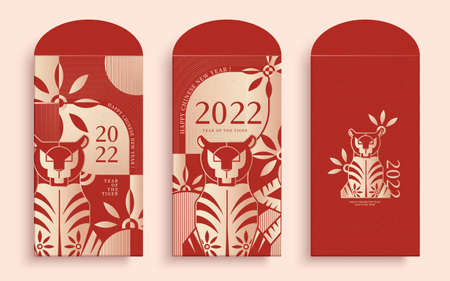 Vertical red envelope template with modern and luxury gold tiger pattern. Graphic design for print and web useのイラスト素材