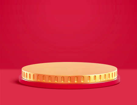 3d coin shaped round podium on red background. Suitable for Chinese new year decoration