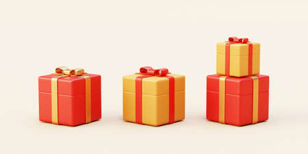 3d gift box piles wrapped with ribbon bows. Holiday elements isolated on beige backgroundの写真素材