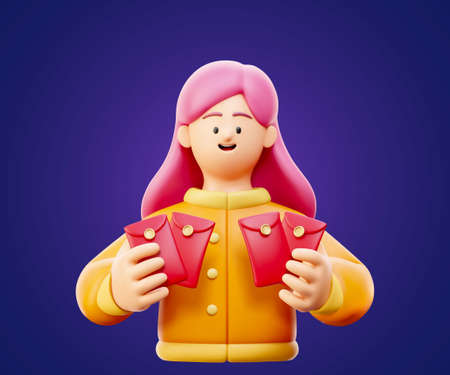 3d people character design with happy woman holding red envelopes. Isolated on purple background, suitable for Chinese new year decorationのイラスト素材