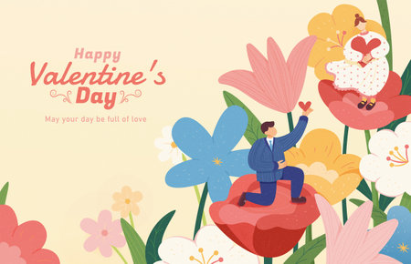 Happy Valentine's day illustration in flat style. Miniature man kneeling on a rose and proposing to the woman in a large garden.のイラスト素材