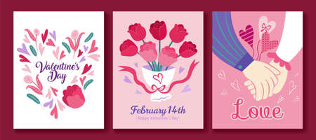 Set of happy Valentine's Day card in flat style. Applicable to card, cover and social media post.のイラスト素材