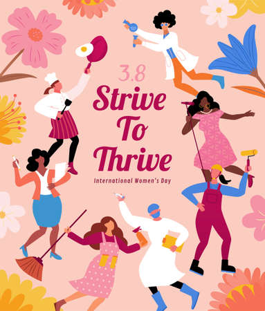 International Women's Day illustration. Diverse women developing their expertise in different jobs. Concept of gender or sex equality in career and job employment.のイラスト素材