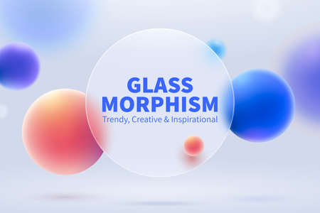 3d creative glassmorphism background design. Transparent round glass disk with colorful geometric spheres. Suitable for business presentation.のイラスト素材