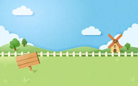 Rural farmland background with windmill, white fence and wooden board. Creative paper cut design. Suitable for farm product use.のイラスト素材