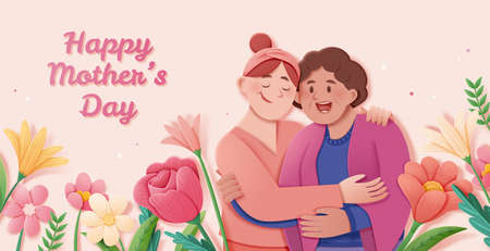 Warm Mother's Day banner template of adult daughter embracing her old mother with flower decoration. Concept of diverse familyのイラスト素材