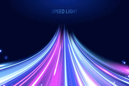 3d speedy neon background design with ultra violet and blue laser light. Concept of cyber highway, digital hyperspace or speed of light.のイラスト素材