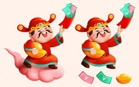 Character design of god of wealth riding on a somersault cloud holding gold ingot and red envelope. Banknotes and gold ingot isolated on light pink background.のイラスト素材