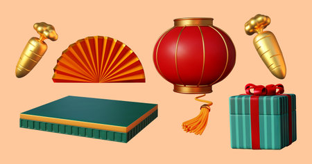 3D Illustration of red lantern, fan, golden carrots, emerald giftbox and display stage isolated on light orange background.のイラスト素材