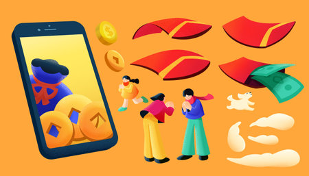 Illustration of phone with lucky bag and coins on screen, adults greeting to each other, bending red envelopes, white puppy, and clouds isolated on orange backgroundのイラスト素材