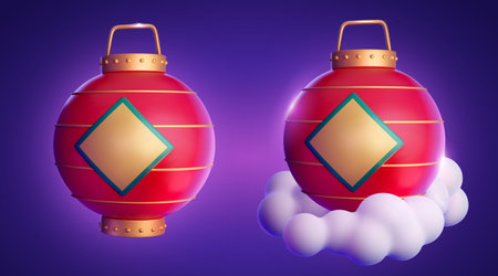 3D Illustration of a Chinese lanterns with handle isolated on purple background, one with white cloud underneathのイラスト素材