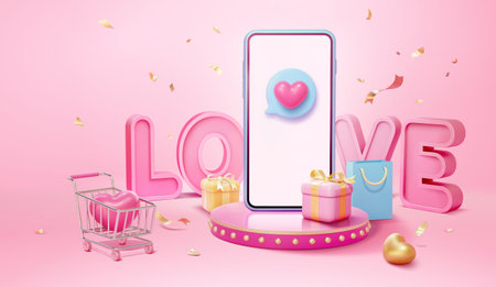 Smartphone with heart message on display podium. Surrouded by gift boxes, bag, and shopping cart with heart and 3D love font in the back. Suitable for Valentine's Day sales ad banner.のイラスト素材