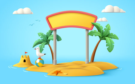 Sign board on beach with sand castle and seagull in cute 3d cartoon illustrationのイラスト素材