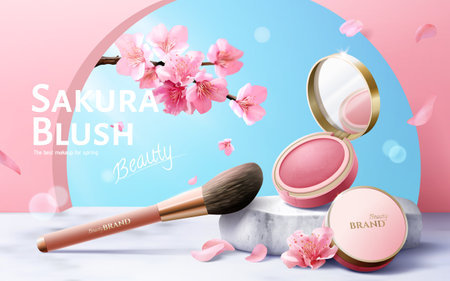 3D cherry blossom theme beauty cosmetic ad. Blush powder compact and make up brush display on marble stone podium and decorated with sakura petals.のイラスト素材