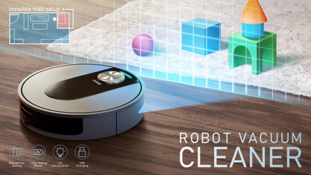 3D Robot vacuum scanning toys on carpet on the wooden floor. Electronic cleaner feature of boundary setting or detecting obstaclesのイラスト素材