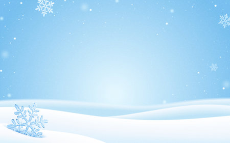 3D illustration of crystal form snowflake and snow fall in winter snow field landscape.のイラスト素材