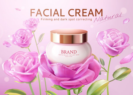 3D illustration of rose theme skin care product ad. Facial cream container with gold cap display on glass rose flower surrounded by rose and flower petals decoration.のイラスト素材