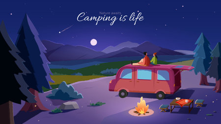 Illustration of romantic couple sitting on the camper with campfire alongside while enjoying scenic view of full moon and shooting star.のイラスト素材