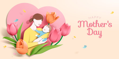 Illustration of paper cut style Happy Mother's day poster. Lovely mother cuddling her baby in arm surrounded by tulip flowers with heart shape board at the back. Concept of maternal love.のイラスト素材