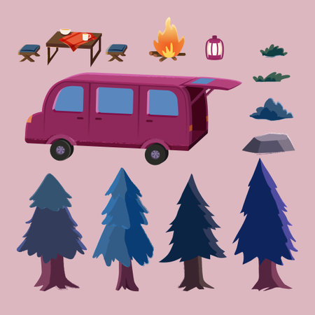 Illustration of outdoor camping element set. Including camper, campfire, trees, bushes, rock and camping table set on pastel lavender background.のイラスト素材