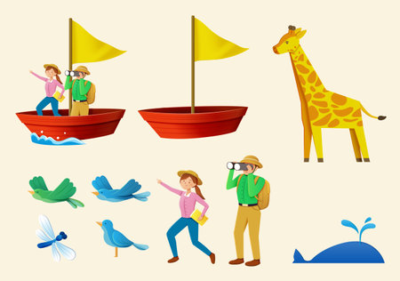 Cute element set of paper cut style illustration of world book day. Including explorers, red boat with yellow flag and paper art style animals isolated on cream background.のイラスト素材