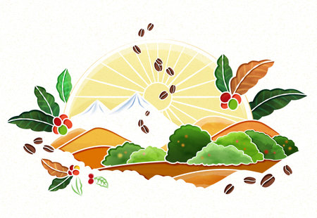 Sunny coffee farm background. Illustrated paper art style landscape of mountains and sun with decorative coffee beans, cherries and leaves.のイラスト素材