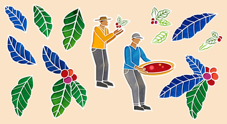 Illustration of World Coffee Day element set. Including male farmers harvesting coffee cherries and leaves isolated on light beige backgroundのイラスト素材