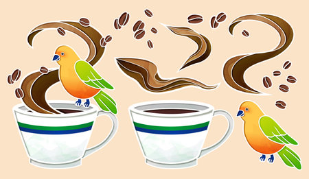Illustration of World Coffee Day element set. Including coffee beans, parrot perching on coffee cup, cups with beverage and aroma of coffee isolated on light beige backgroundのイラスト素材