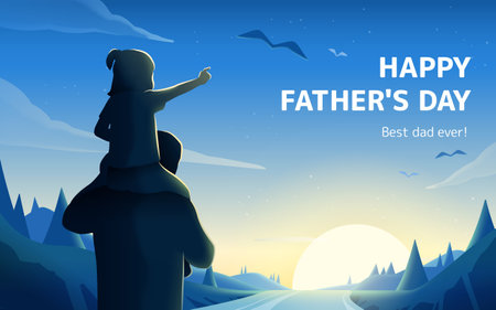 Illustrated silhouette of daughter sits on father's shoulders and pointing at the sky during a serene sunrise landscape. Suitable for Father's Dayのイラスト素材
