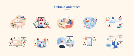 Flat design virtual conference element set isolated on beige background. Concept of working from home and online meeting.のイラスト素材
