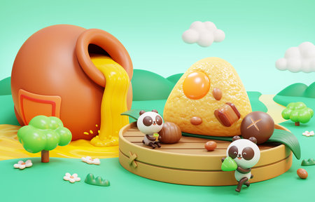 3D duanwu festival elements and cartoon panda poster. Cute panda eating zongzi and drinking tea beside giant rice dumpling on bamboo steamer. Realgar wine pouring into river from oriental jar.の写真素材