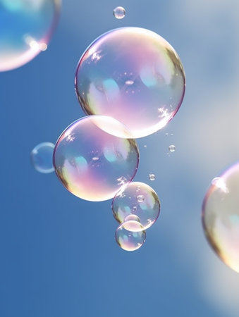 Transparent soap bubbles floating on blue gradient background. Created with Generative AI technologyの素材