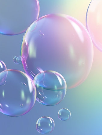 Transparent soap bubbles floating on iridescence gradient background. Created with Generative AI technologyの素材