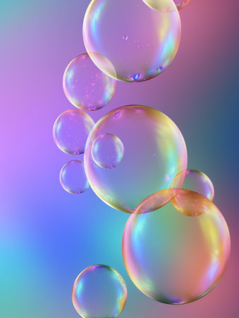 Transparent soap bubbles floating on iridescence background. Created with Generative AI technology.の素材