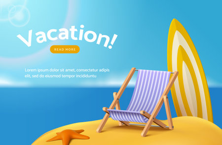 Summer season beach vacation landing page template with beach chair, surfboard, and starfish on sand. Blue sunny ocean horizon background.のイラスト素材