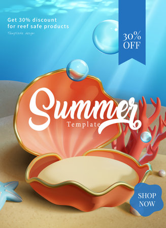 Summer sale template of serene undersea scene with sunlight shine through water. Seashell display pedestal on seabed surrounded by starfish, pearls, and coral reef.のイラスト素材