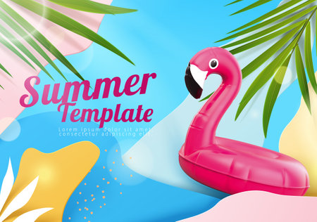 Playful abstract style summer poster template. Vibrant color fluid shape layer background with pink flamingo lilo, tropical leaves, and bokeh effectのイラスト素材